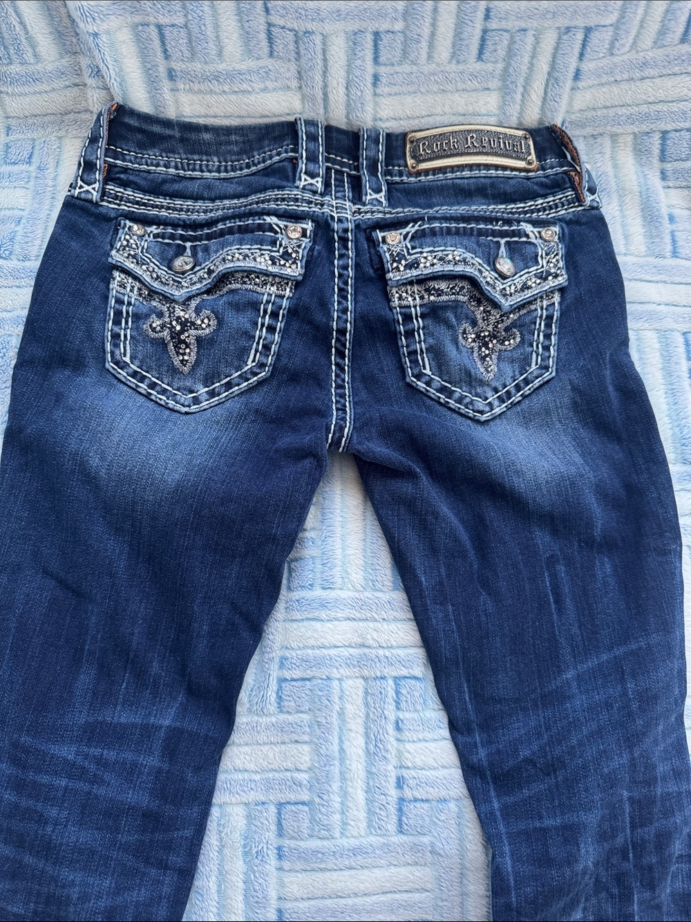 Rock Revival Women's Dark Blue Straight Leg Jeans with Embellished Pockets